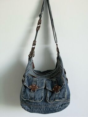 Y2K vintage denim blue crossbody shoulder bag purse multi pocket hobo